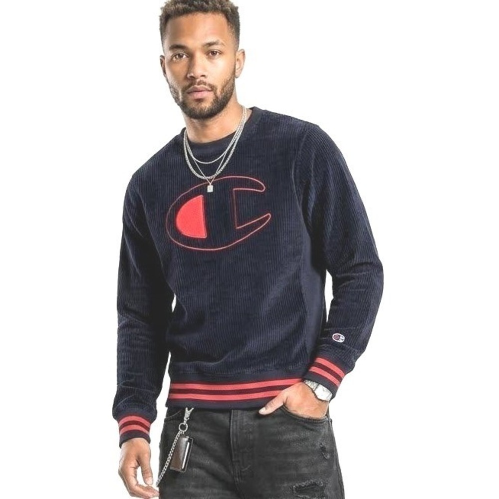 Champion | Logo Crewneck Navy Blue Corduroy Sweatshirt‎ Red Logo | XS